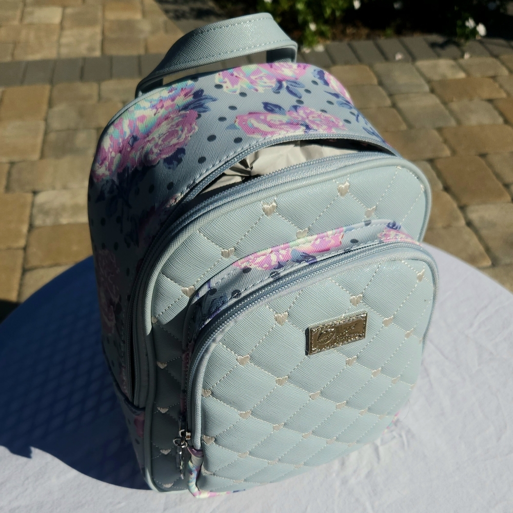 NWT Luv Betsey Johnson Pastel Blue Heart Embroidery & Pastel Rose Print Purse - Picture 2 of 13
